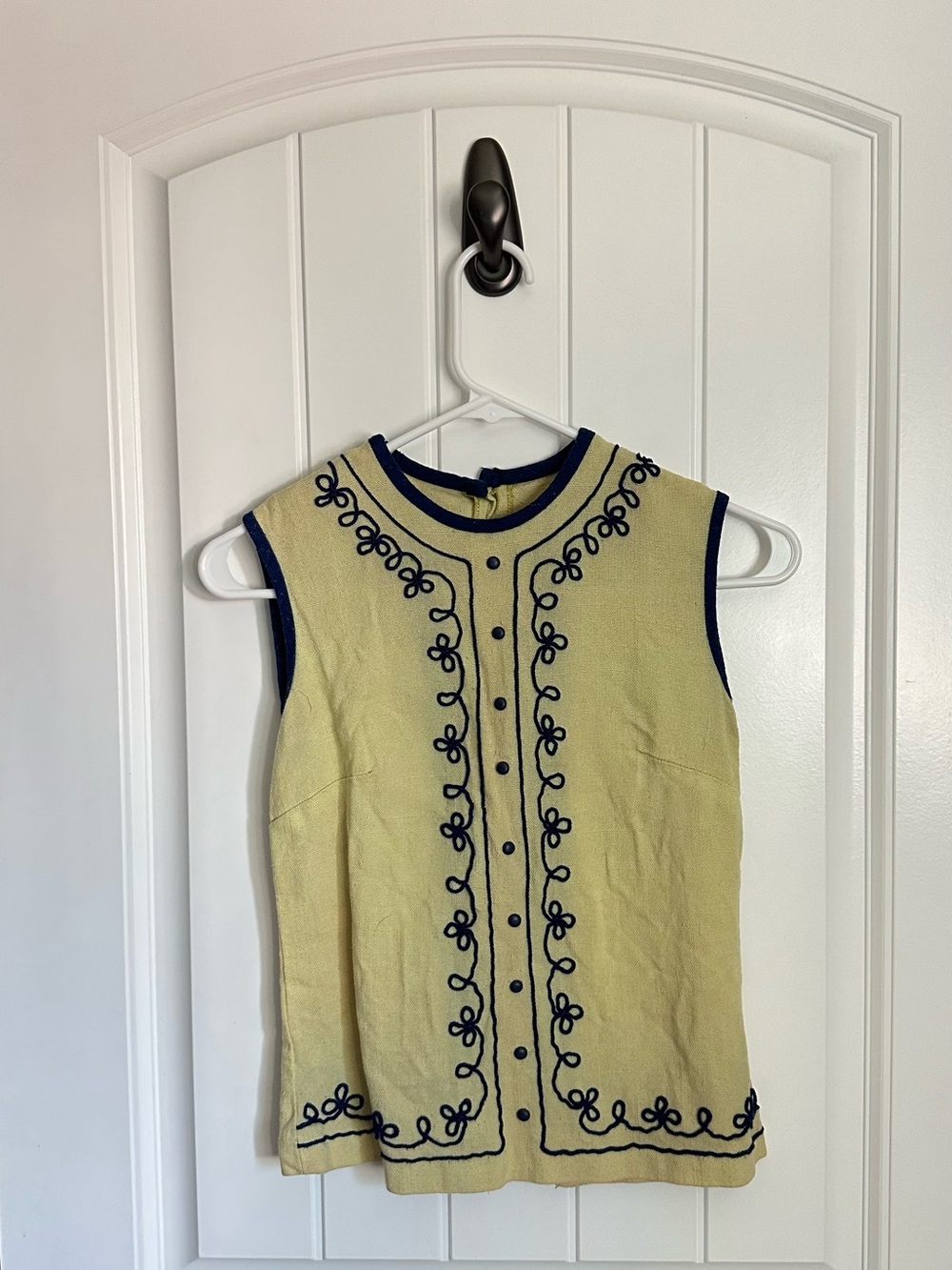 Vintage Yellow Sleeveless Blouse Navy Soutache Embroidery Button Back